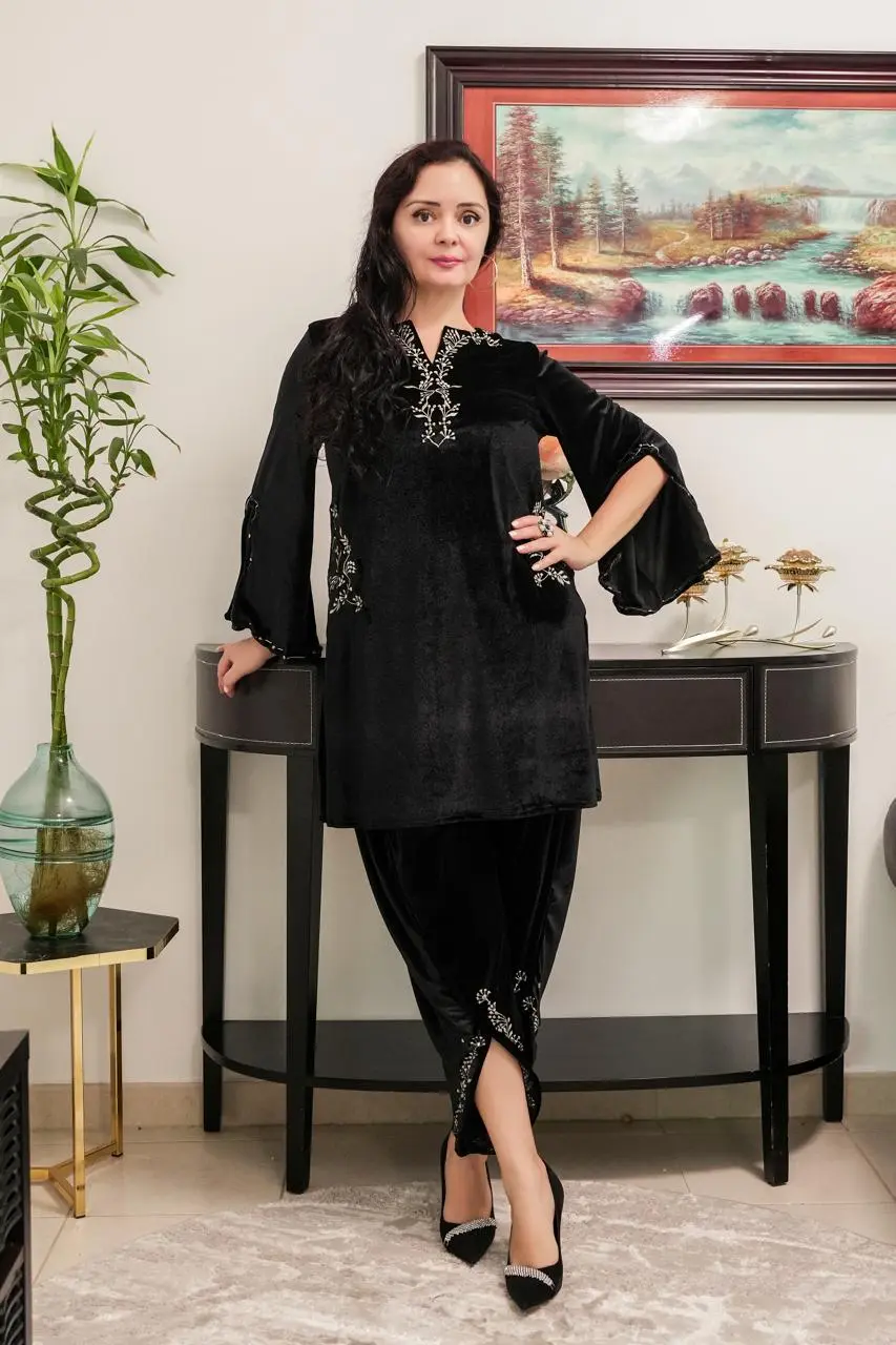 Black velvet kurti and tulip pant